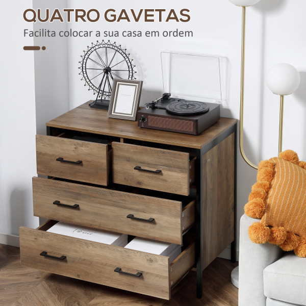 HOMCOM Cómoda com 4 Gavetas Cómoda de Madeira para Dormitório Móvel de Armazenamento Estilo Industrial 80x40x75cm Marrom e Preto - Image 6