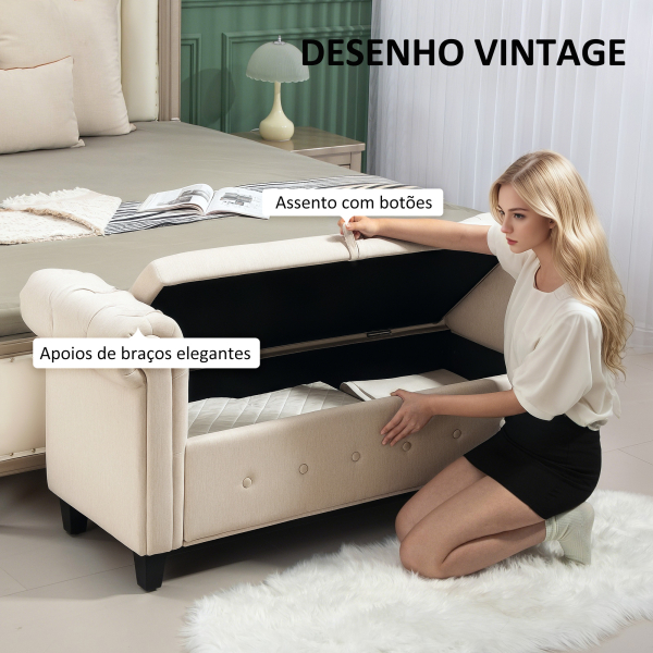 HOMCOM Banco de Pé de Cama de Linho com Dobradiças na Tampa Pés de Madeira e Apoio para os Braços 146,5x49x74,5 cm Bege - Image 6