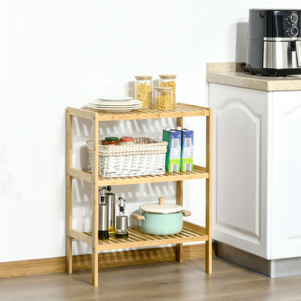 HOMCOM Estante de Bambu de 3 Níveis Móvel Organizador Multifuncional para Casa de Banho Cozinha Sala de Estar 62x33x80cm Natural - Image 6