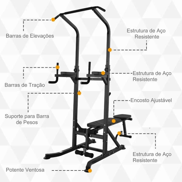 HOMCOM Estação de Musculação Torre de Treinamento Altura Ajustável com Barra de Flexões e Banco Dobrável para Fitness em Casa Academia Carga 150kg 99x178x230cm Preto - Image 6