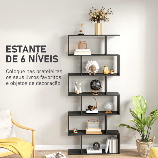 HOMCOM Estante Alto Livraría de 6 Estantes  para Sala de Jantar Desenho Moderno 80x23x192cm Preto - Image 4