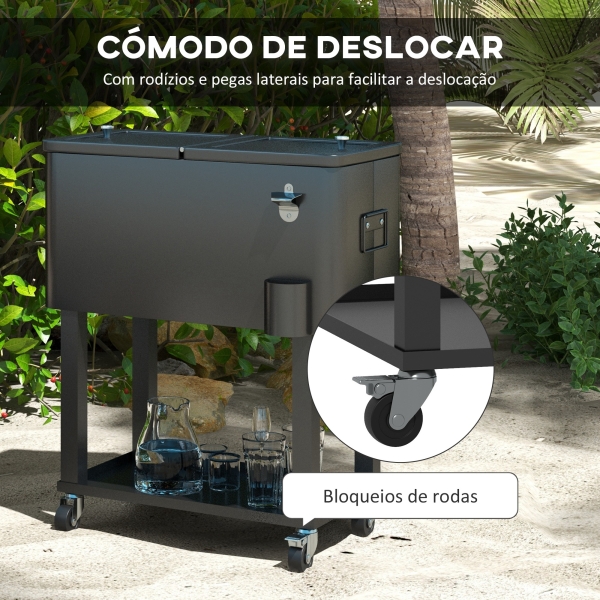 Outsunny Carrinho Refrigerador de Bebidas de 56L com Rodas Abridor de Garrafas e Prateleira para Pátio Festas 67x35x80 cm Preto - Image 7