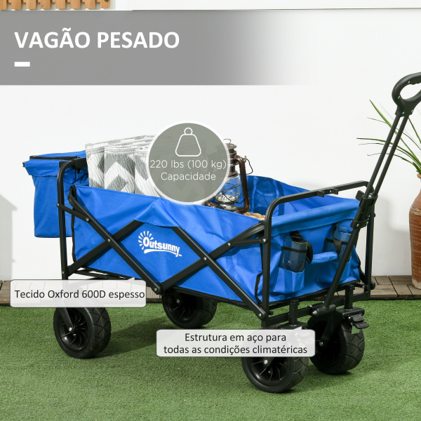 Outsunny Carrinho de Transporte Dobrável com Bolsa Térmica Removível Capacidade 100 kg para Campismo Praia 113x57x77-100 cm Azul - Image 8