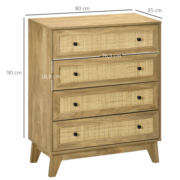 HOMCOM Cómoda com 4 Gavetas Cómoda de Madeira com Gavetas de Vime e Pés Elevados 80x35x95cm Madeira - Image 3