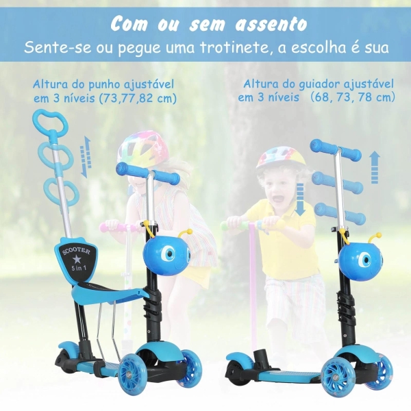 HOMCOM trotinete 5 em 1 para crianças de acima de1 ano trotinete de 3 rodas com assento removível guiador ajustável 62x25x72,5 cm Azul - Image 8