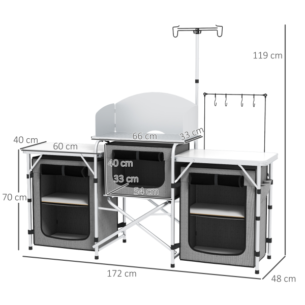 Outsunny Móvel de Cozinha para Campismo Armário Dobrável com 3 Tampos 3 Armários Suporte de Luz 4 Ganchos 172x48x119 cm Cinza - Image 3