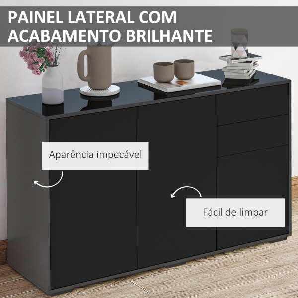 HOMCOM Aparador de Sala de Estar com 3 Portas 2 Gavetas e Prateleira Interior Ajustável Móvel Auxiliar de Armazenamento para Cozinha Dormitório Anti-Rolamento 117x36x74 cm Preto - Image 5