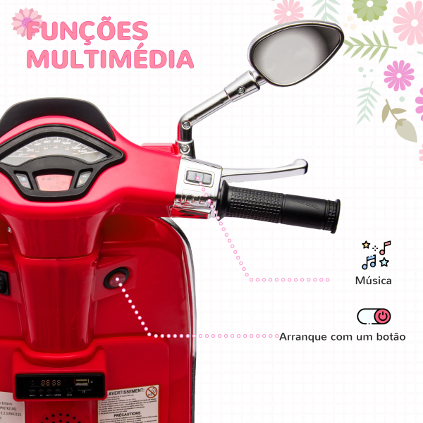 AIYAPLAY Moto Elétrica para Crianças de 3-6 Anos com Licença Vespa com USB MP3 Luz LED Rádio FM Velocidade 3 km/h Vermelho - Image 5