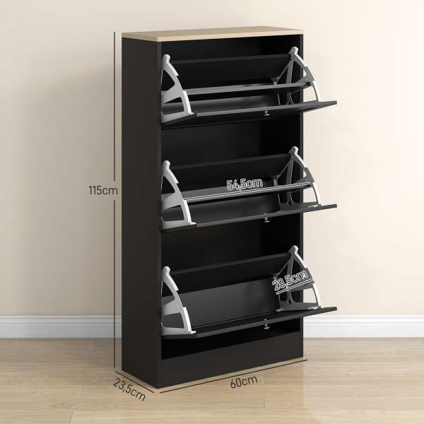 HOMCOM Móvel Sapateira de Entrada com 3 Gavetas Basculantes e Prateleiras Ajustáveis para 18 Pares de Sapatos 60x23,5x115 cm Preto - Image 3