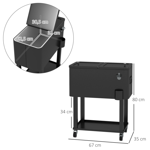 Outsunny Carrinho Refrigerador de Bebidas de 56L com Rodas Abridor de Garrafas e Prateleira para Pátio Festas 67x35x80 cm Preto - Image 3