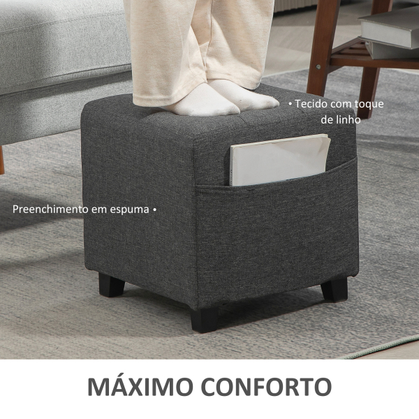 HOMCOM Apoio para os Pés Sala de Estar Banco Estofado em Linho com Bolso Lateral Tampa com Botões  35x35x35 cm Cinzento - Image 6