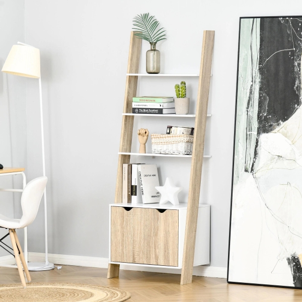 HOMCOM Estante em Forma de Escada de Madeira com 3 Prateleiras e 1 Armário Estante de Estilo Nórdico Moderno 60x40x171cm Carvalho e Branco - Image 9