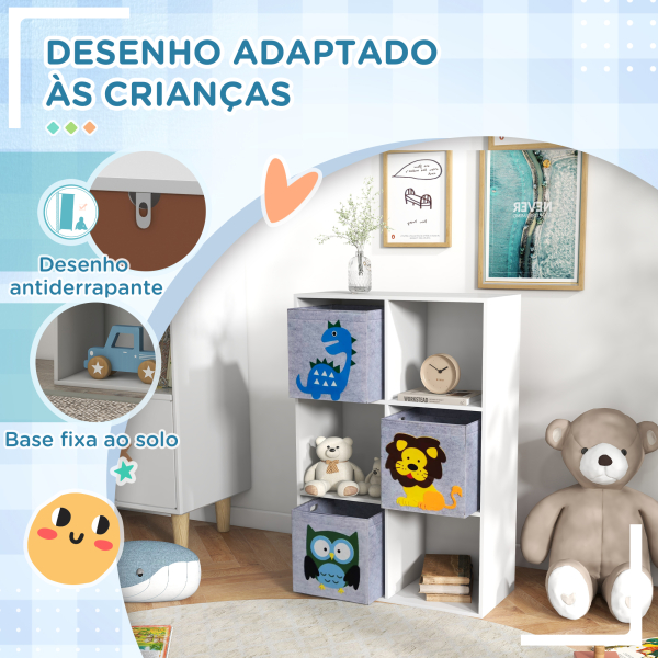 ZONEKIZ Estante para Brinquedos com 6 Compartimentos e 3 Caixas de Tecido não Tecido e Desenho de Animais 61,8x29,9x91,5 cm Branco e Cinza - Image 4