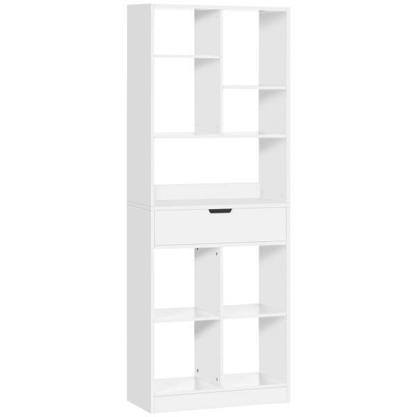 HOMCOM Estante de Madeira Estante para Livros com 1 Gaveta e 9 Compartimentos de Armazenamento 60x26x158cm Branco