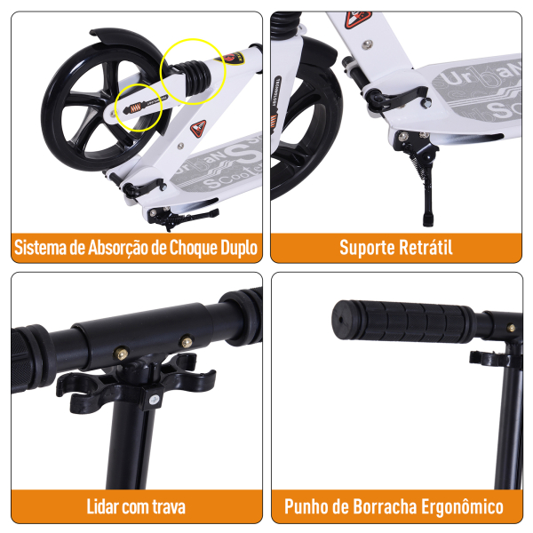 HOMCOM Trotinete dobrável altura ajustável e guiador para adultos e crianças acima de 14 anos com rodas grandes e freio Carga 100kg branco - Image 7