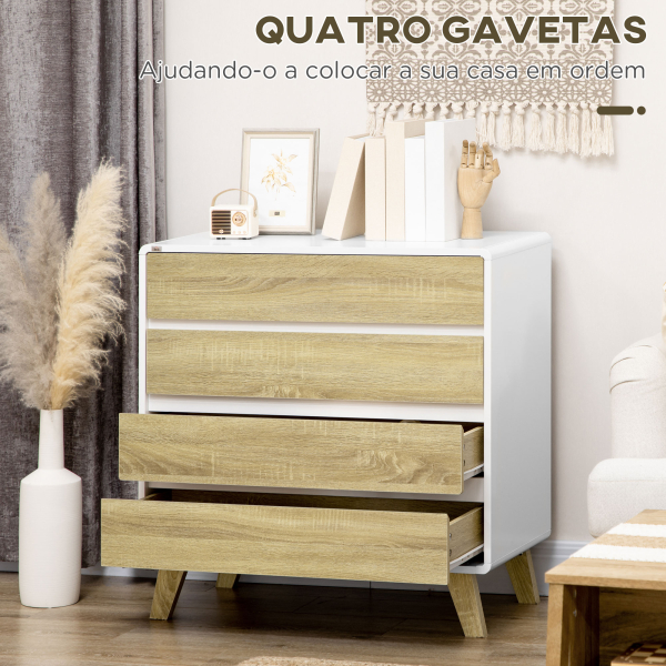 HOMCOM Cómoda com 4 Gavetas de Madeira com Pés Elevados para Sala de Estar Dormitório Escritório 80x40x79,5cm Carvalho e Branco - Image 5