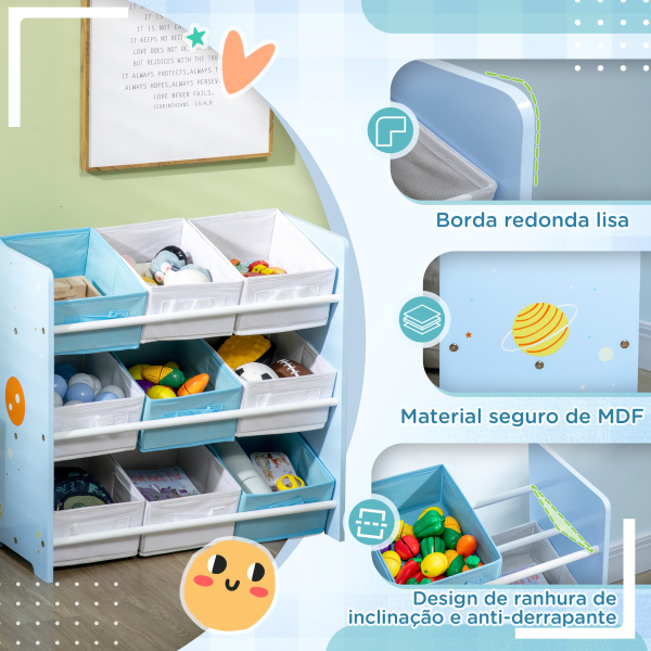 ZONEKIZ Estante para Brinquedos com 9 Caixas de Tecido não Tecido Amovíveis Organizador de Brinquedos 63x30x60 cm Azul - Image 5