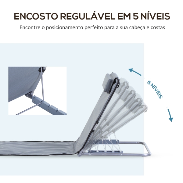 Outsunny Conjunto de 2 esteiras de praia com encosto reclinável em 5 níveis, bolsa de transporte e apoio de cabeça 48x134x33-43 cm cinza - Image 5