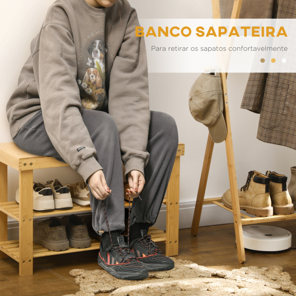 HOMCOM Banco Sapateira de Bambu Organizador de Sapatos com 2 Prateleiras para 6-9 Pares de Sapatos 70x28x45 cm Madeira - Image 5
