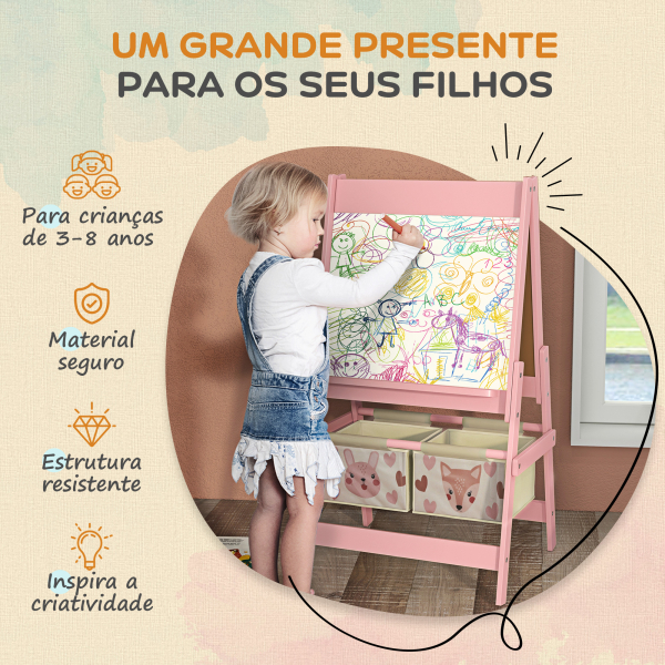 AIYAPLAY Cavalete para Crianças 3 em 1 Cavalete de Arte com Rolo de Papel Quadro e 2 Cestas de Armazenamento 54x46,5x93 cm Rosa - Image 6