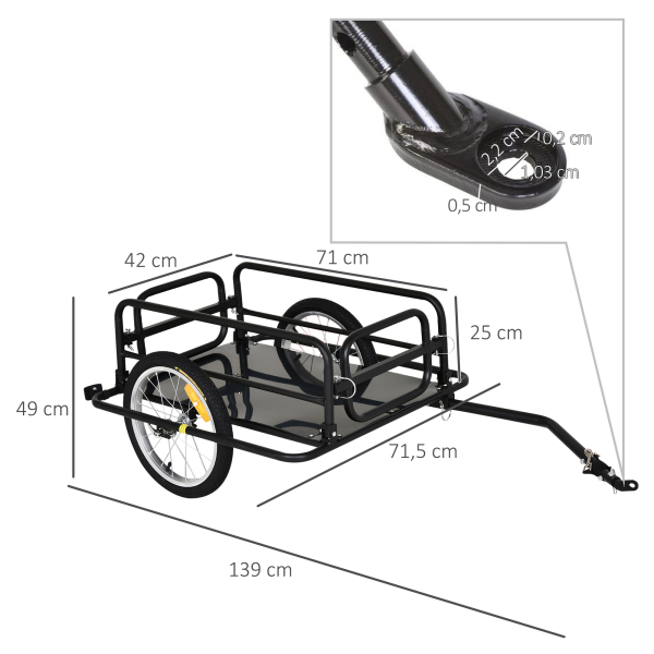 PawHut Reboque de bicicleta dobrável para carregamento de bagagem de 40kg com estrutura de aço leve e refletores 139x71,5x49 cm Preto - Image 3