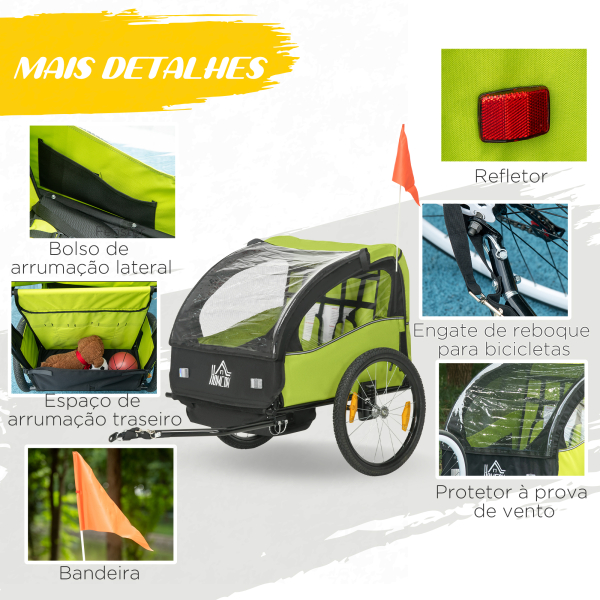 HOMCOM Reboque de Bicicleta para Crianças de 2 Lugares com Cinto de Segurança e Sistema de Amortecimento 140x88x90 cm Verde - Image 7