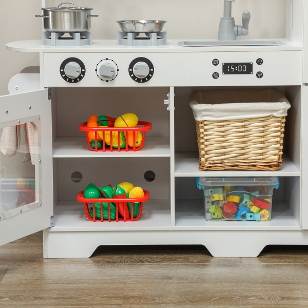 AIYAPLAY Cozinha de Madeira para Crianças com Fogão Lavatório Micro-Ondas Relógio Máquina de Gelo e Acessórios 100,5x41x110 cm Brancp - Image 8