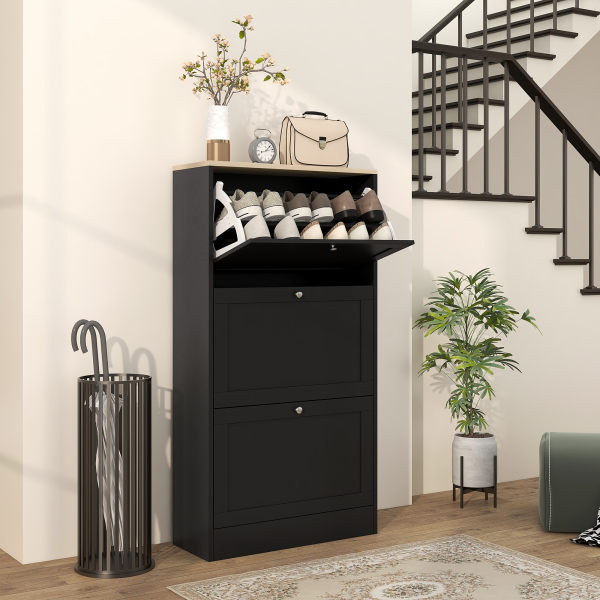 HOMCOM Móvel Sapateira de Entrada com 3 Gavetas Basculantes e Prateleiras Ajustáveis para 18 Pares de Sapatos 60x23,5x115 cm Preto - Image 2