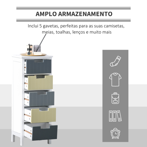HOMCOM Cómoda de Madeira com 5 Gavetas Cómoda Auxiliar de Armazenamento com Pés Elevados Estilo Moderno para Dormitório Sala de Estar Casa de Banho 35x28x90,5cm Multicor - Image 5