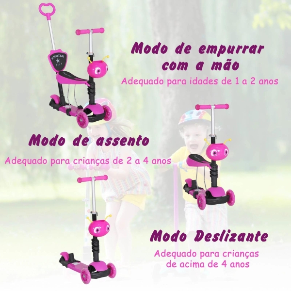 HOMCOM 5 em 1 trotinete para crianças de acima de 1 ano 3 rodas trotinete com assento removível guiador ajustável 62x25x72,5 cm Rosa - Image 6