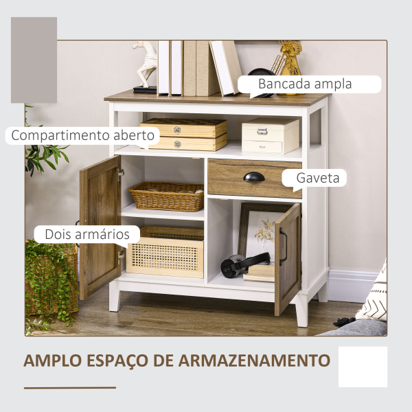 HOMCOM Aparador Sala de Estar com 2 Portas Gaveta e Prateleira Ajustável para Sala de Jantar Cozinha Dormitório 76,6x35x81,5 cm Branco e Madeira Envelhecida - Image 5
