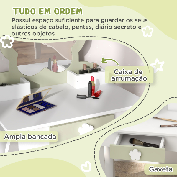 ZONEKIZ Toucador Crianças com Espelho e Banco Toucador de Maquilhagem para Crianças de 3-6 Anos 55x34x87,5 cm Branco e Verde Pastel - Image 5