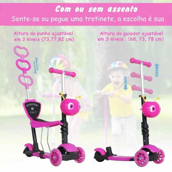 HOMCOM 5 em 1 trotinete para crianças de acima de 1 ano 3 rodas trotinete com assento removível guiador ajustável 62x25x72,5 cm Rosa - Image 7