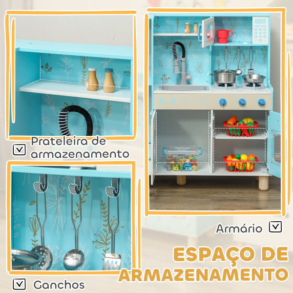 AIYAPLAY Cozinha de Madeira para Crianças com Sons Fogão Forno Micro-Ondas Máquina de Gelo e Acessórios 90x33,3x91,6 cm Azul - Image 8