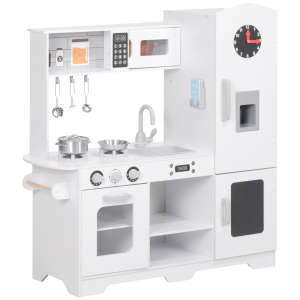 AIYAPLAY Cozinha de Madeira para Crianças com Fogão Lavatório Micro-Ondas Relógio Máquina de Gelo e Acessórios 100,5x41x110 cm Brancp