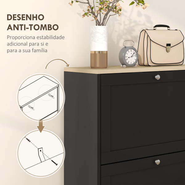 HOMCOM Móvel Sapateira de Entrada com 3 Gavetas Basculantes e Prateleiras Ajustáveis para 18 Pares de Sapatos 60x23,5x115 cm Preto - Image 7