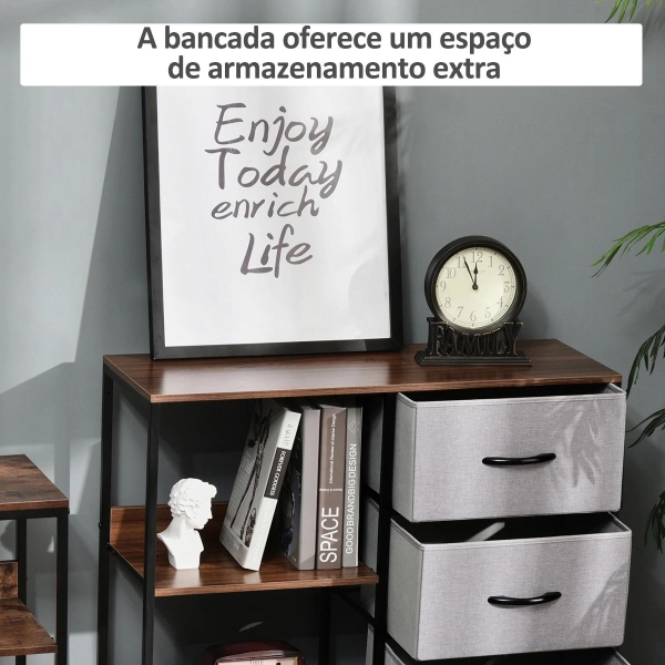 HOMCOM Cómoda de Estilo Industrial com Cestos de Tela Dobráveis e 2 Prateleiras para Dormitório Sala de Estar Corredor 80x29x71cm Nogueira e Cinza Claro - Image 6