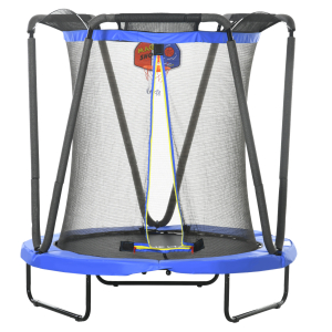 ZONEKIZ Trampolim Infantil Ø140x155 cm Trampolim para Crianças de 3-10 Anos com Cesta de Basquetebol e 20 Bolas de Plástico Azul