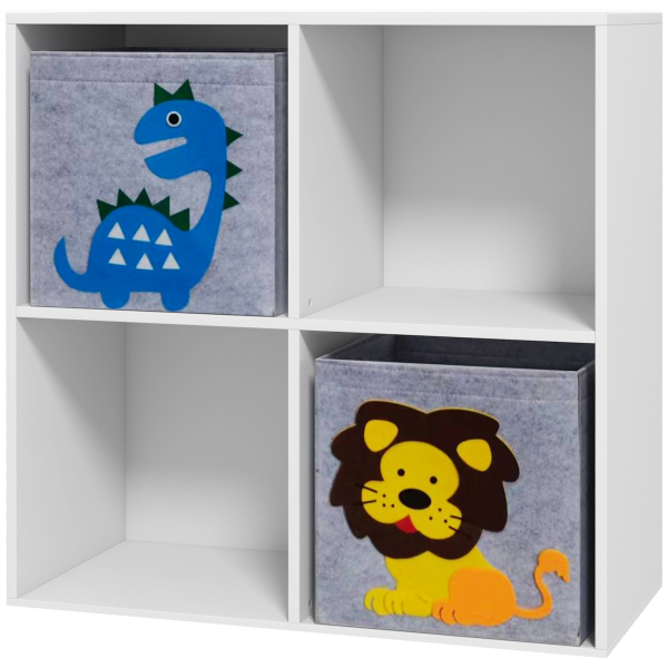 ZONEKIZ Estante para Brinquedos com 6 Compartimentos e 3 Caixas de Tecido não Tecido e Desenho de Animais 61,8x29,9x61,8 cm Branco e Cinza