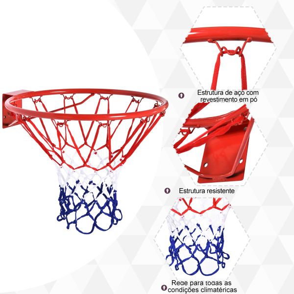 HOMCOM Cesta de Basquetebol de Parede Ø46 cm Aro de Basquetebol com Rede Estrutura Metálica 12 Ganchos para Interior e Exterior Vermelho - Image 5