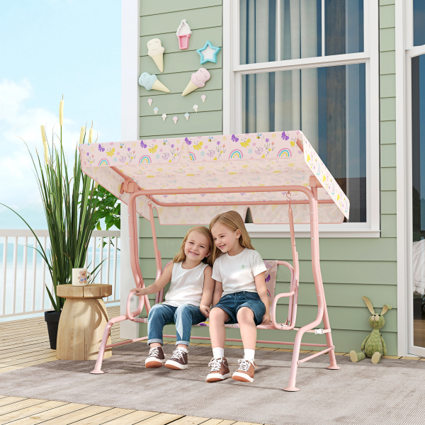 AIYAPLAY Baloiço de Jardim para Crianças com 2 Lugares Toldo Ajustável Cinto de Segurança e Desenho de Borboletas 112x75x120 cm Rosa - Image 2