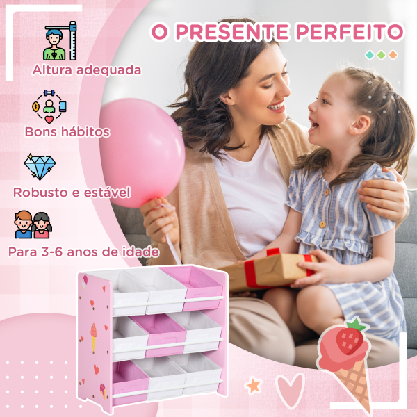 ZONEKIZ Estante para Brinquedos com 9 Caixas de Tecido não Tecido Amovíveis Organizador de Brinquedos 63x30x60 cm Rosa - Image 6
