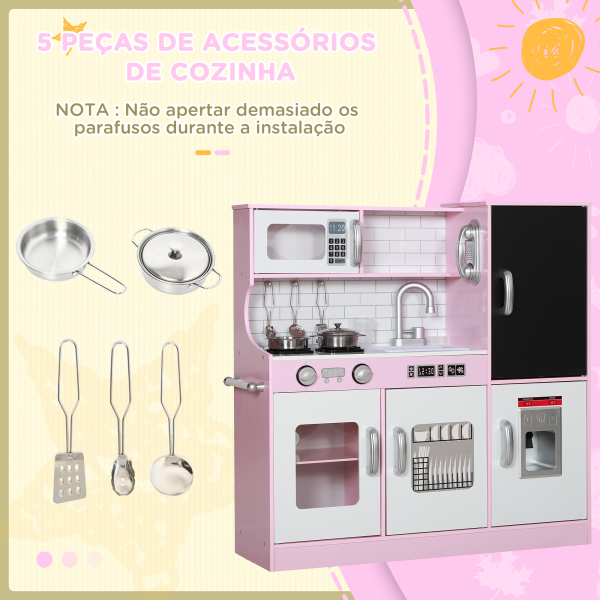 AIYAPLAY Cozinha de Brincar para Crianças acima de 3 anos Cozinha Infantil de Madeira com Acessórios Máquina de Gelo Ardósia e Telefone 83,8x26,8x81 cm Rosa - Image 8