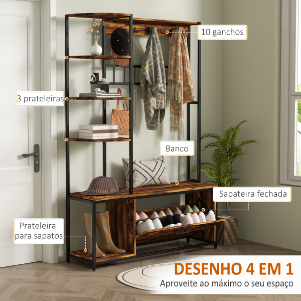 HOMCOM Móvel Cabide de Entrada com Sapateira Móvel de Entrada com Banco Prateleiras e Ganchos  120x35x180 cm Marrom Escuro - Image 4