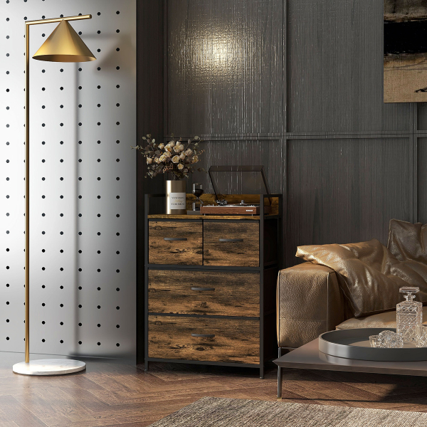 HOMCOM Cómoda de Quarto com 4 Gavetas Dobráveis Prateleira Aberta e Estrutura de Aço para Sala Entrada 60x29x85 cm Castanho Rústico - Image 9
