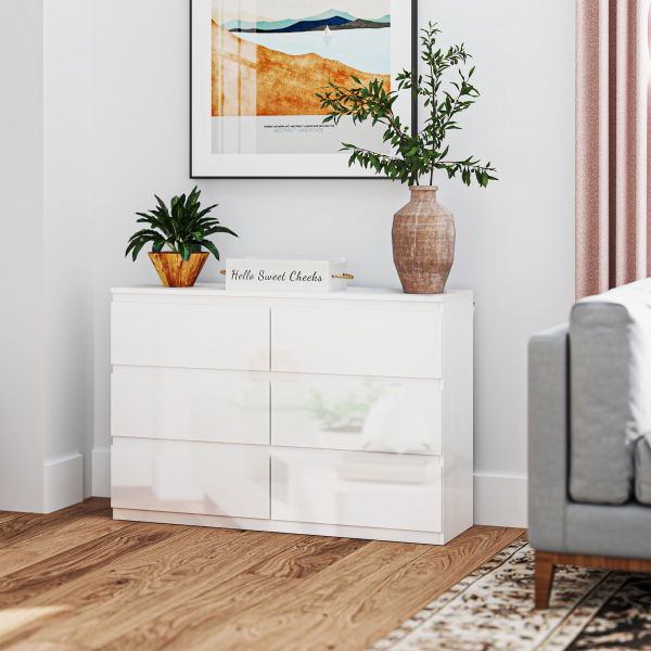 HOMCOM Cómoda com 6 Gavetas de Madeira Cómoda de Dormitório Cómoda Branca Estilo Moderno 112x34x75 cm Branco Brilhante - Image 9