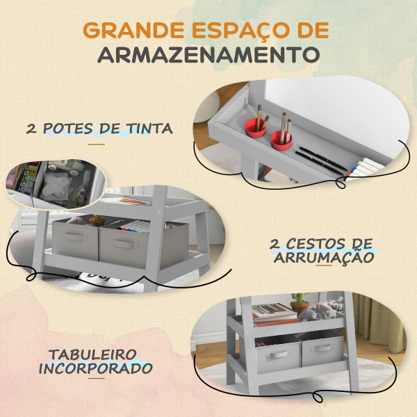 AIYAPLAY Cavalete de Pintura Infantil 3 em 1 Quadro Dupla Face com Rolo de Papel e Cestos de Arrumação Cinzento - Image 5