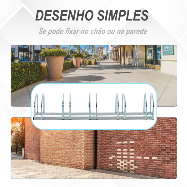 HOMCOM Estacionamento para 5 Bicicletas Suporte de Aço para Estacionar Bicicletas no Chão para Interior e Exterior 145x33x27cm Prata - Image 7