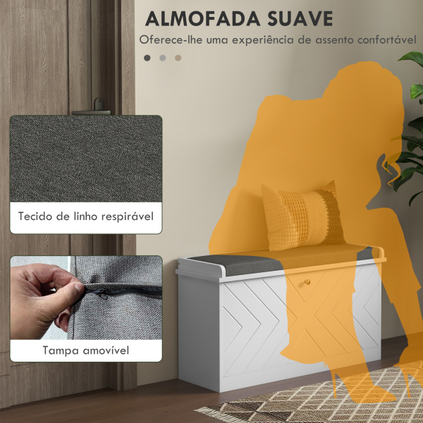 HOMCOM Banco Sapateira Moderno de Madeira com Prateleiras Ajustáveis e Almofada Acolchoada para 8 Pares de Sapatos 80x26x44,5 cm Branco - Image 7