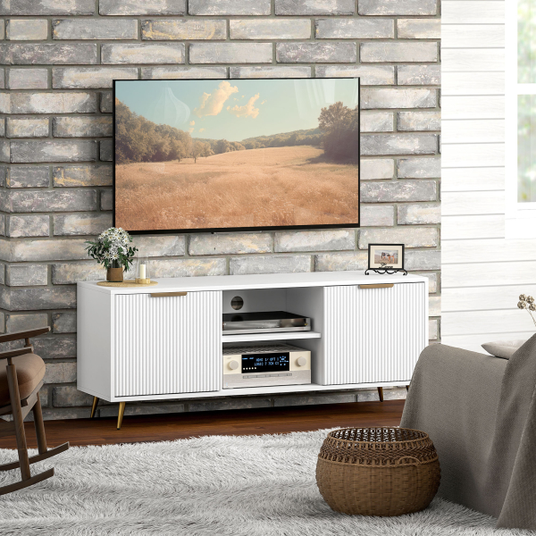 HOMCOM Móvel de TV Moderno Móvel de TV para Sala de Estar com 2 Compartimentos Abertos  para Televisores de 55 Polegadas 120x35x48 cm Branco - Image 8